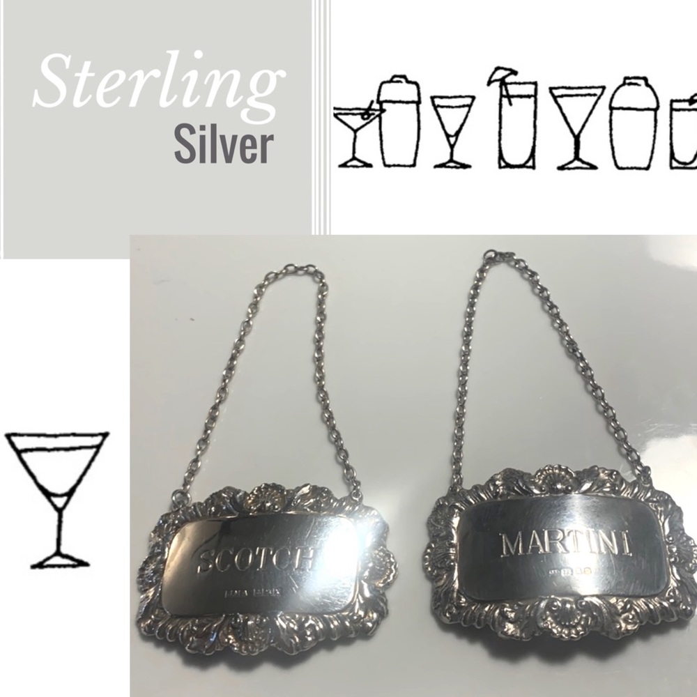 Vintage Sterling Silver Decanter Martini and Scotch Tags circa 1922